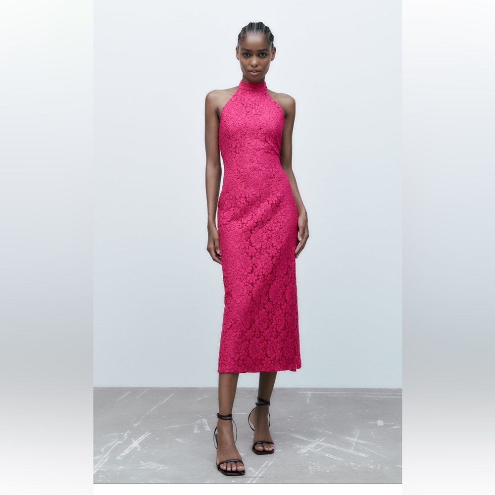 NWT Zara lace midi hot pink halter dress size large